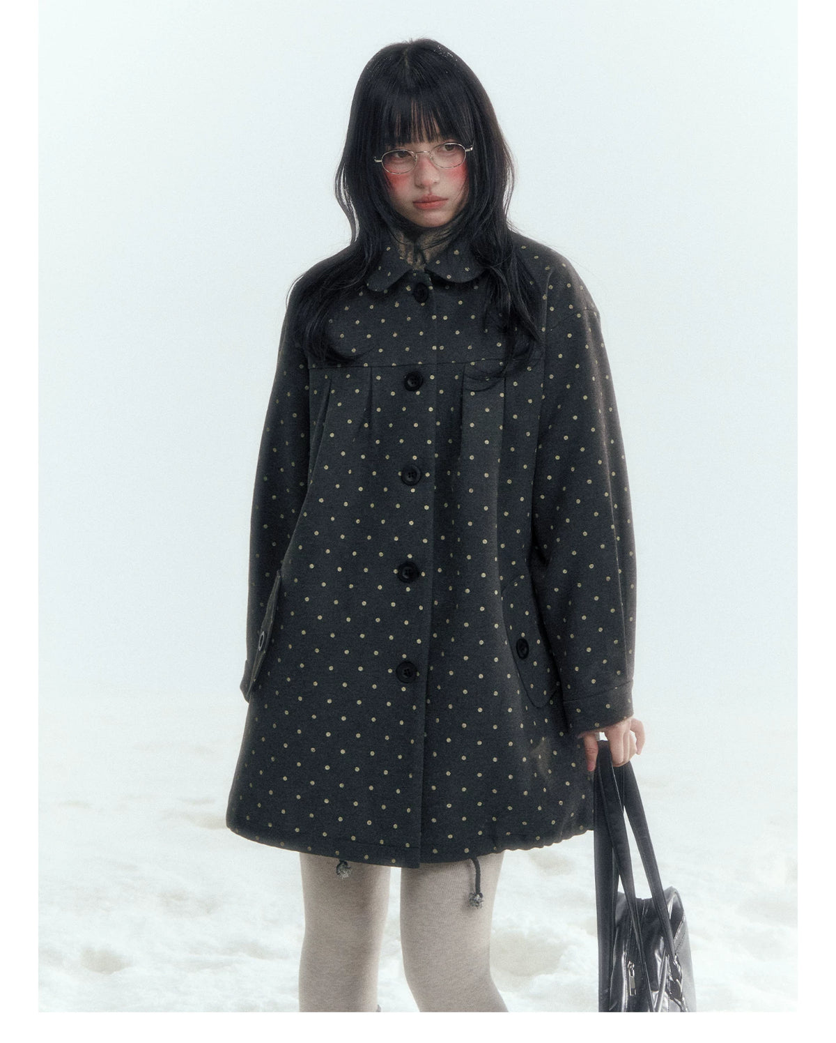 Horridale - Peter Pan Collar Pleated Mid-Length Wool-Blend Coat – Gray Polka Dot