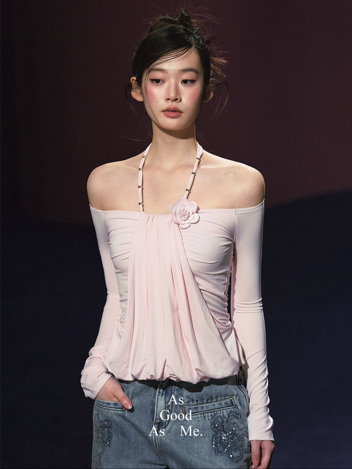 Lyocell Layered Halter Off-Shoulder Ruched Floral Top (White/ Pink)