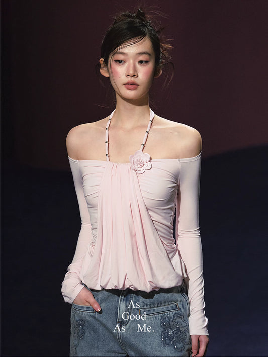 Lyocell Layered Halter Off-Shoulder Ruched Floral Top (White/ Pink)