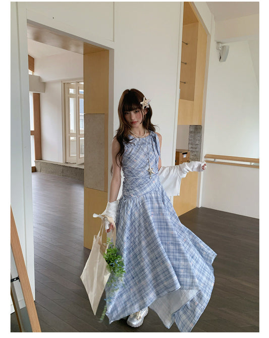 “Blue Meadow Reverie” Blue Plaid Floral Maxi Dress