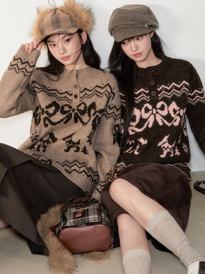 Soote Season - Fair Isle Cinnamon Bow Henley Knit Sweater