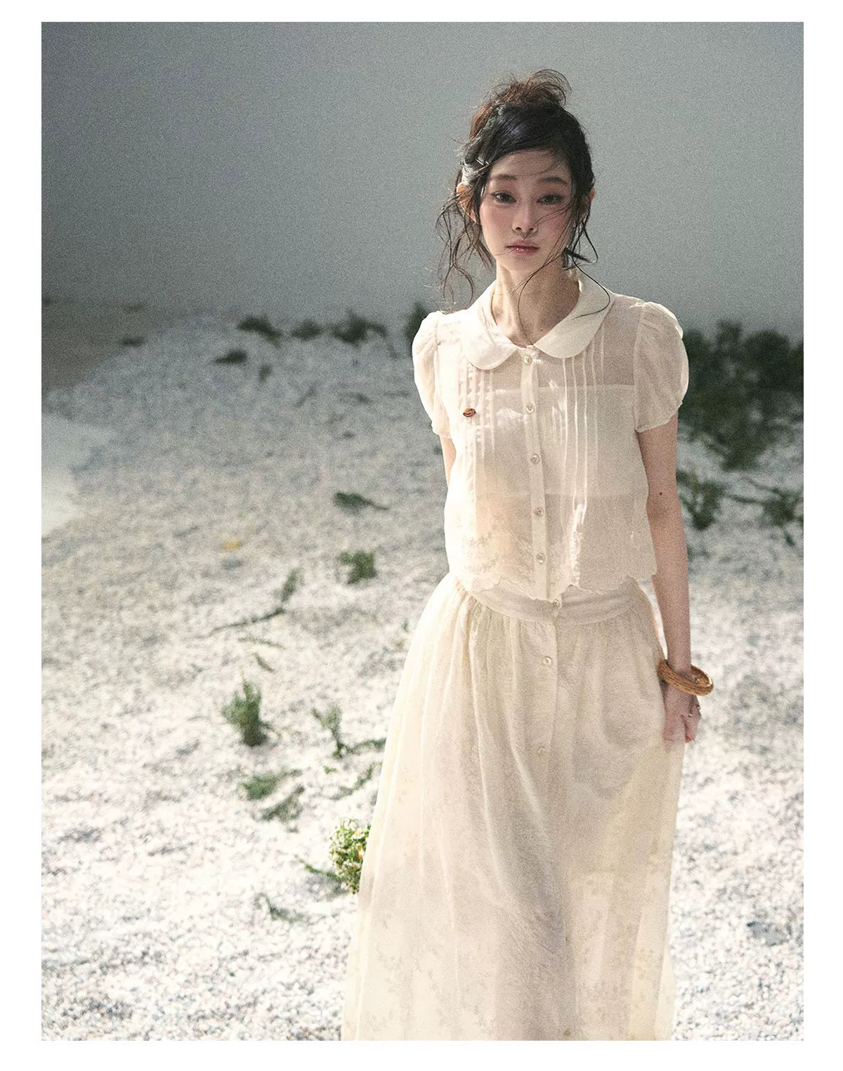 "Apricot Blossom After Rain" Dutch Cheese Lace Blouse & Maxi Skirt Set 532453