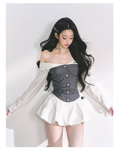 少也眼 "London Crush" Off-Shoulder Dual-Layer Long-Sleeve Spicy Girl Tee - Gray White