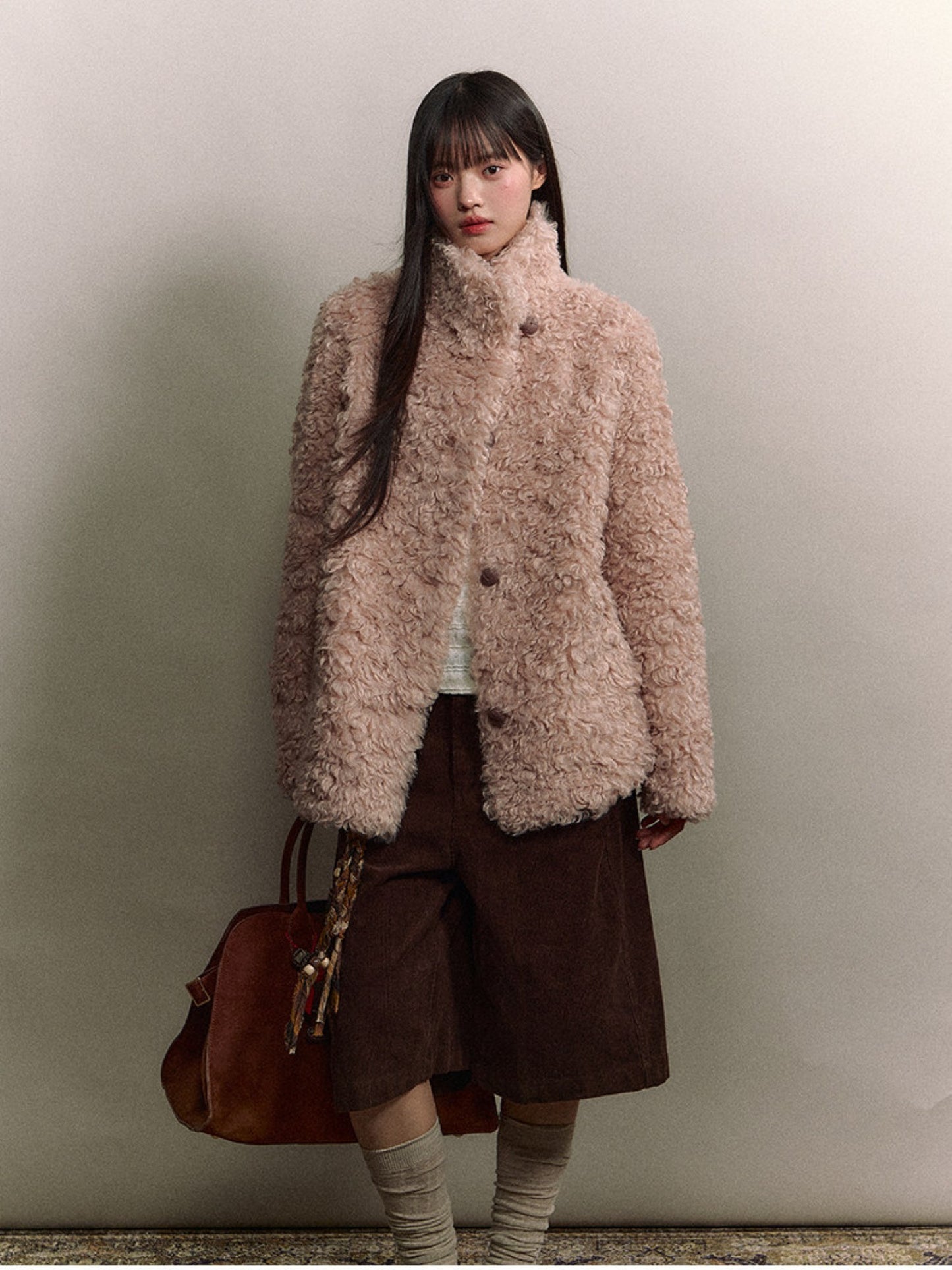 Soote Season - Curly Faux Shearling Stand-Collar Fur Jacket