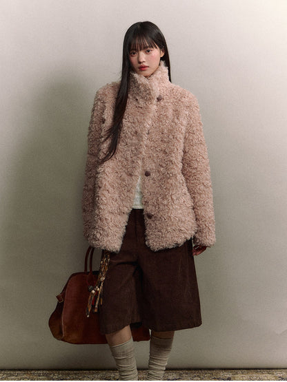 Soote Season - Curly Faux Shearling Stand-Collar Fur Jacket