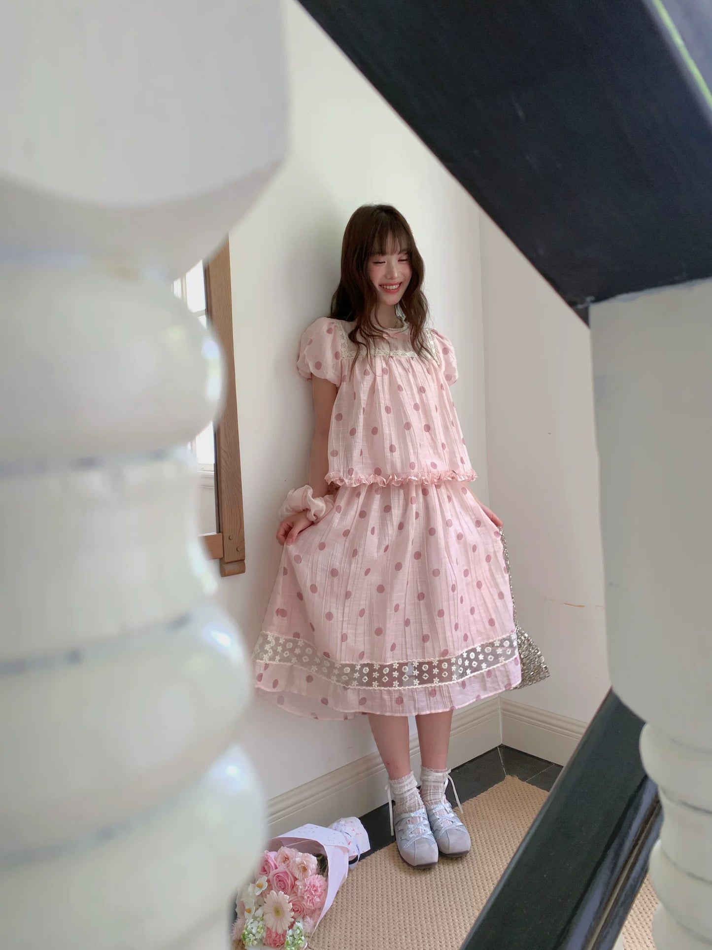 [RF] “Peach Polka Daydream” Pink Polka Dot Two-Piece Skirt Set