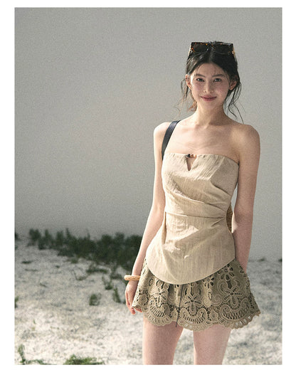 “Lost in Your Embrace” Roasted Pecan Lace Puff Skort