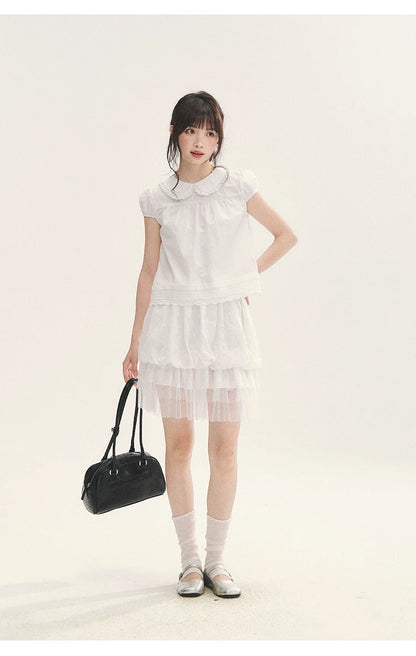 "Black & White Sonata" Polka Dot Mesh Tiered Jellyfish Skirt (White/ Black)