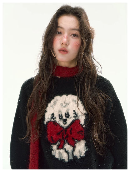 CANSTORE - "Bow Applause" Dark Gray Puppy Jacquard Knit Sweater