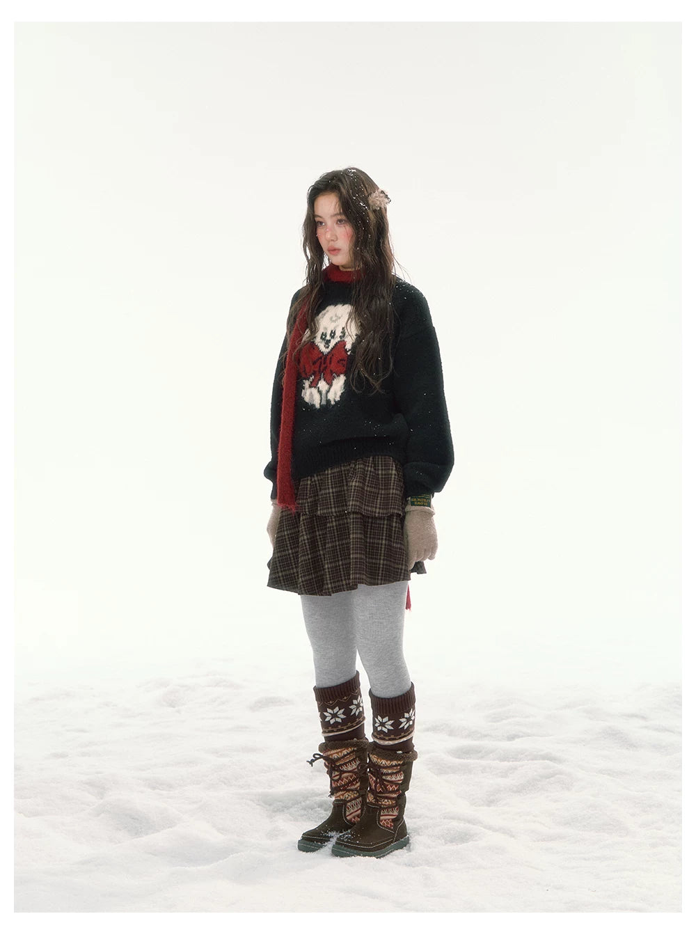 CANSTORE - "Bow Applause" Dark Gray Puppy Jacquard Knit Sweater