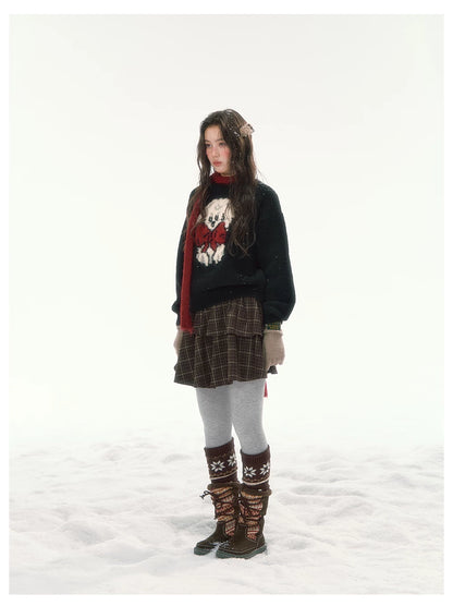 CANSTORE - "Bow Applause" Dark Gray Puppy Jacquard Knit Sweater