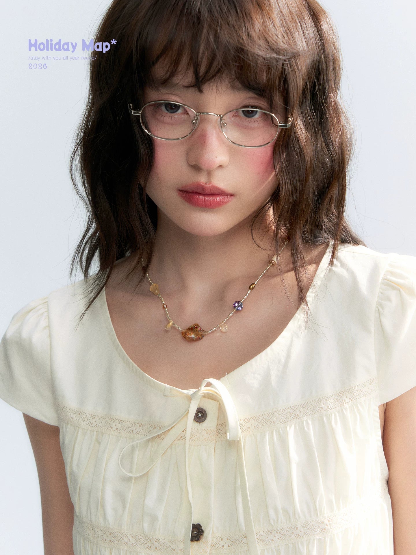 "Vintage Ribbon" Beige Bow Tie Lace Trim Blouse