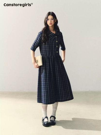 "Plaid Narrative" Asymmetric Neck Knit Midi Dress WW2026022