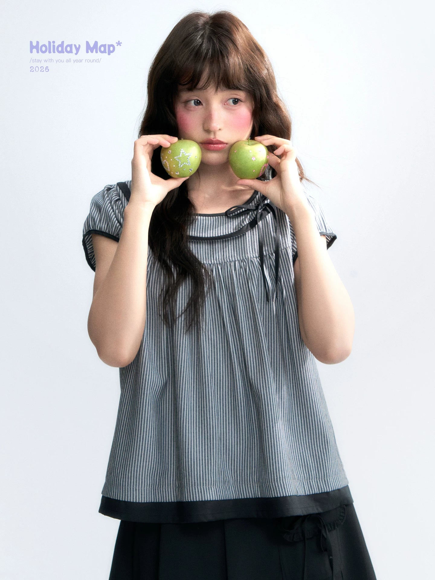 "Black Toast" Black Stripe Asymmetrical Collar Babydoll Blouse