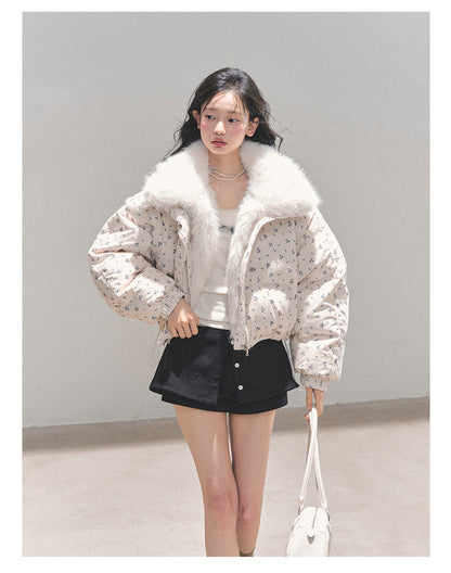 少也眼 Oatmeal Short Down Jacket with Detachable Faux-Fur Collar 784651