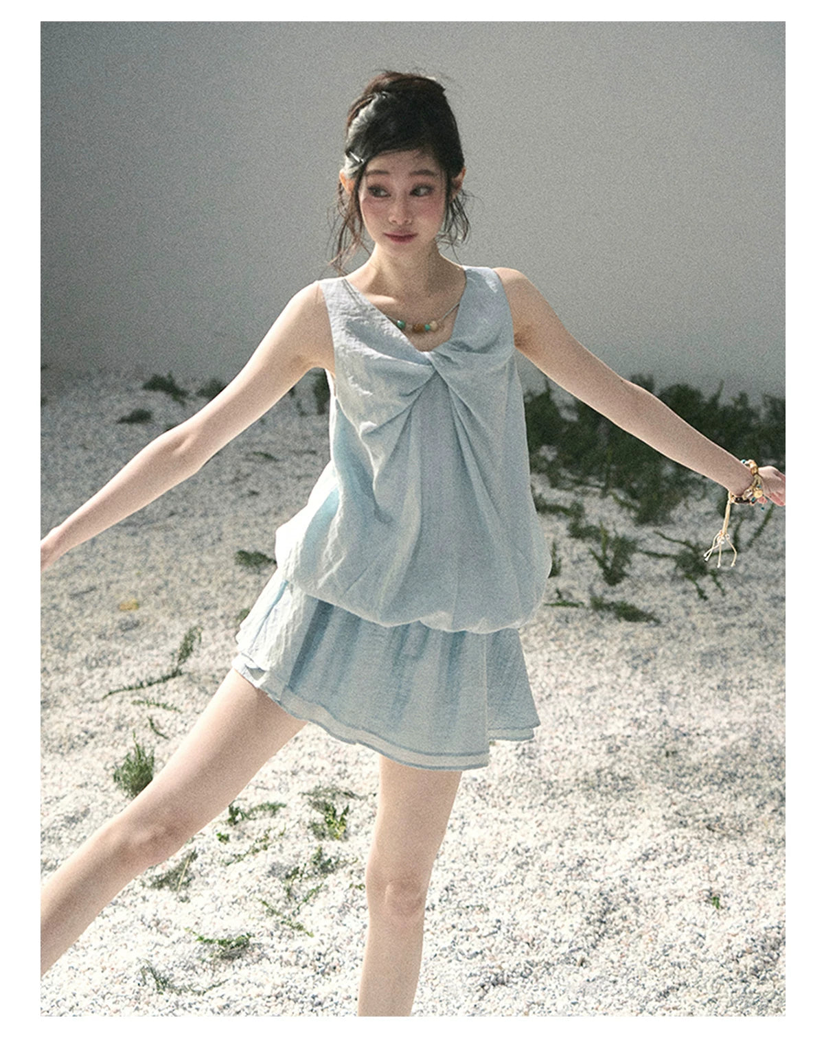 “Whispering Grass” Moonlight Blue Twist Mini Dress