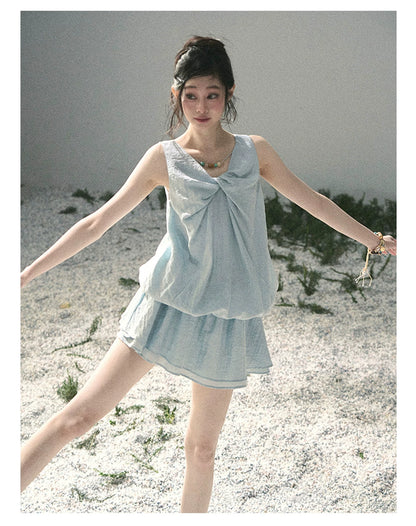 “Whispering Grass” Moonlight Blue Twist Mini Dress