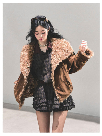 少也眼 "Velveted Winter" Cozy Shearling Fleece Jacket - Coffee Brown