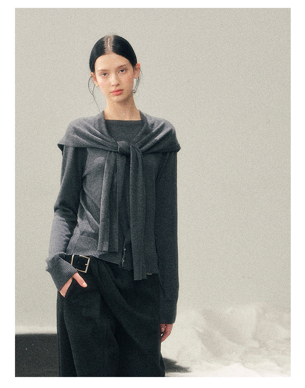 040126 "Orlane Academy" American Preppy Knit Top & Shawl Set - Paris Gray