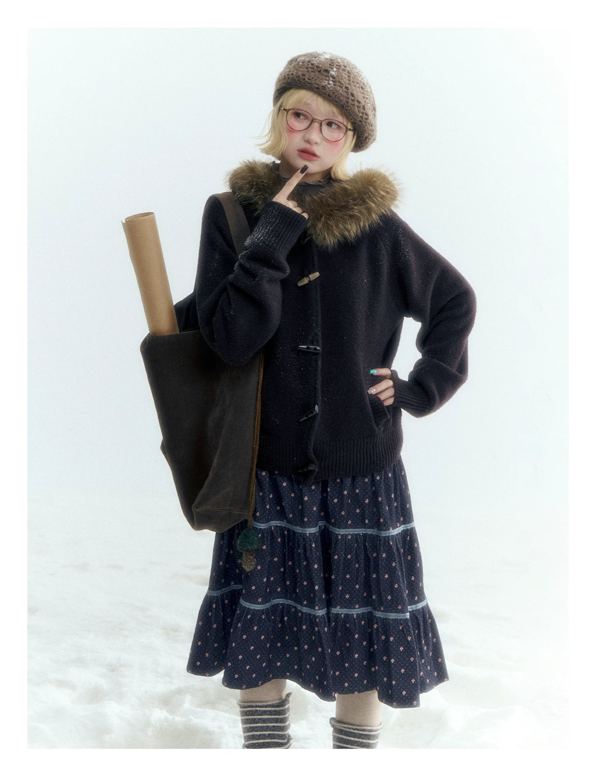 Horridale - Dark Coffee Brown Hooded Knit Cardigan with Detachable Faux Fur Collar
