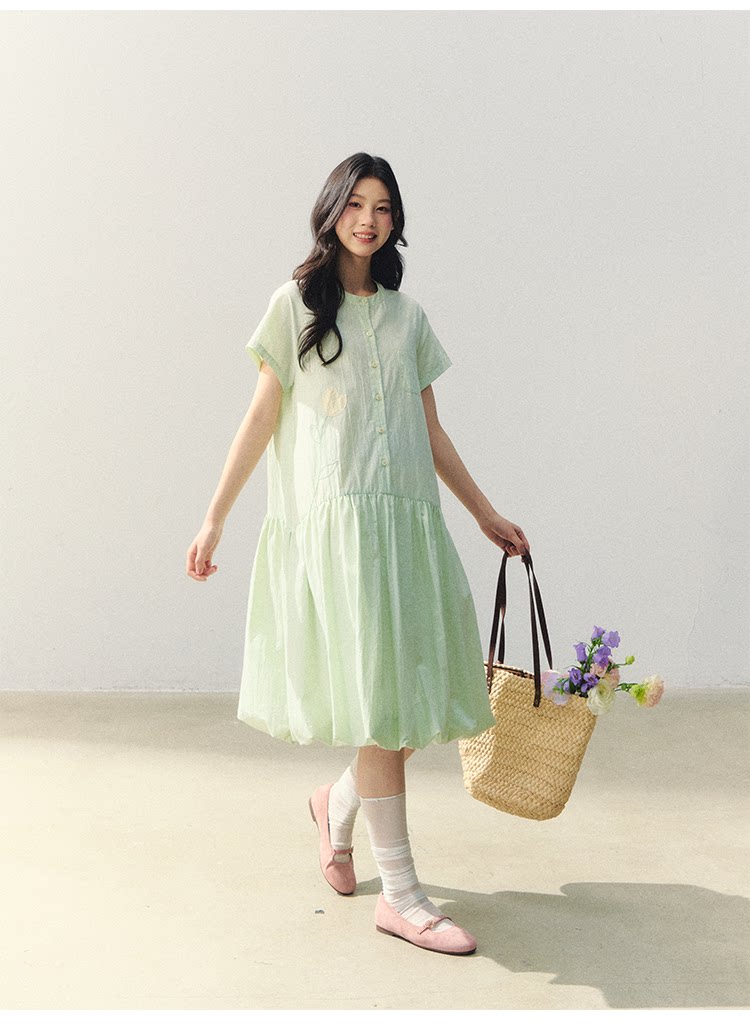 "Tulip Spring Letter" Bubble Hem Shirt Dress SJ2026030