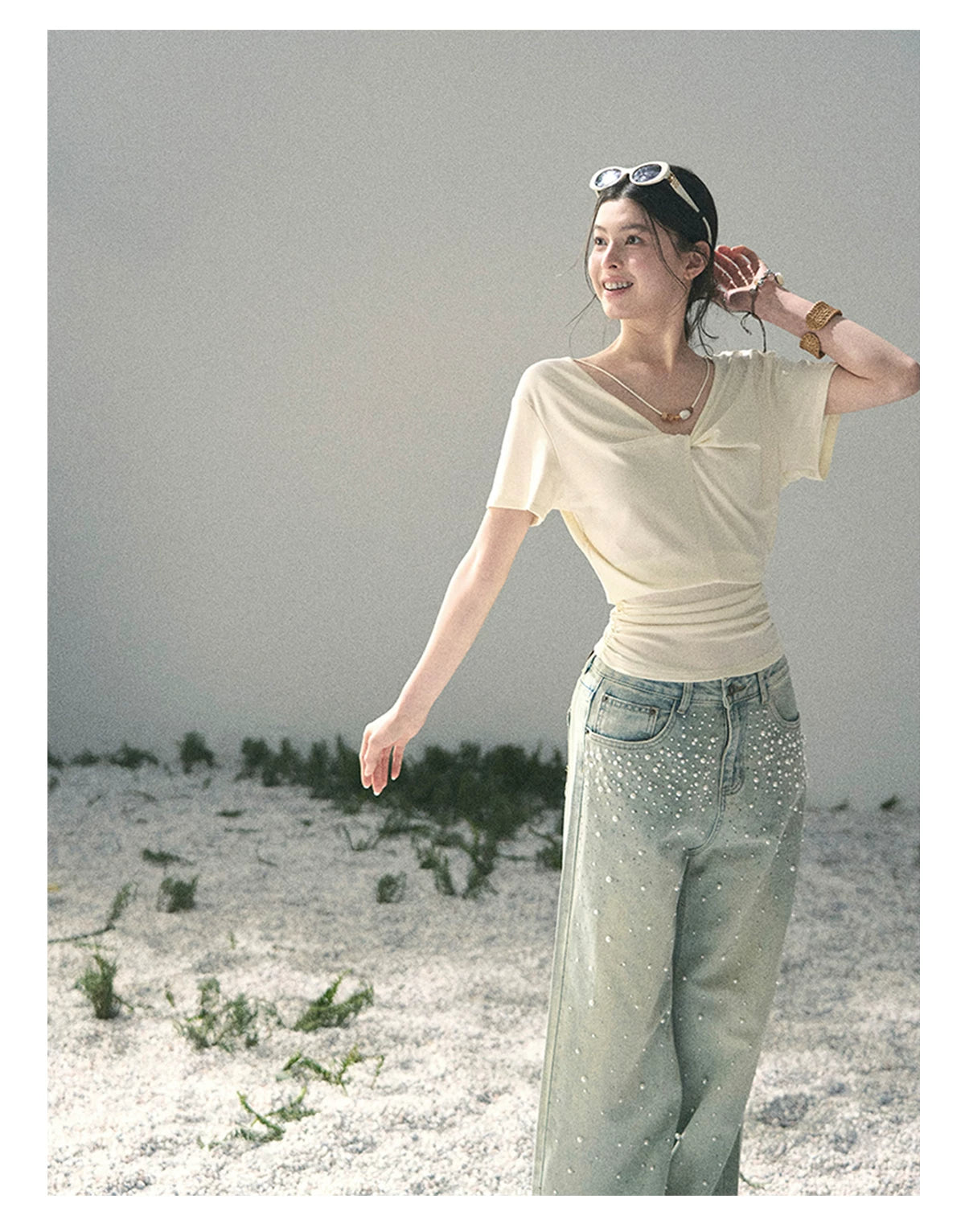 “White Between Breaths” Ivory Twist V-Neck Top