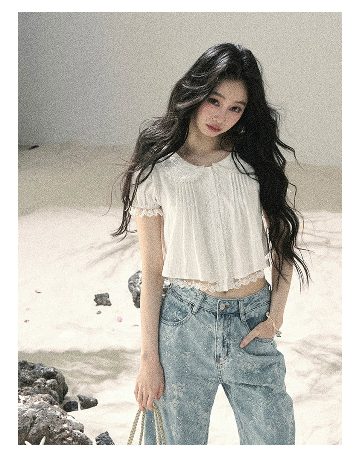 "Speechless Moonlight" Cloud White Lace Puff Sleeve Crop Top 74555