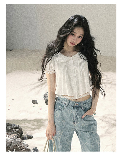 "Speechless Moonlight" Cloud White Lace Puff Sleeve Crop Top 74555
