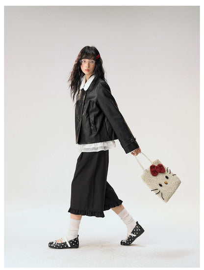 [CAN] "Midnight Sweetheart" Black Bow Pocket Doll Collar Faux Leather Jacket