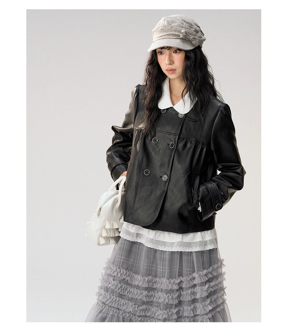 [CAN] "Midnight Sweetheart" Black Bow Pocket Doll Collar Faux Leather Jacket