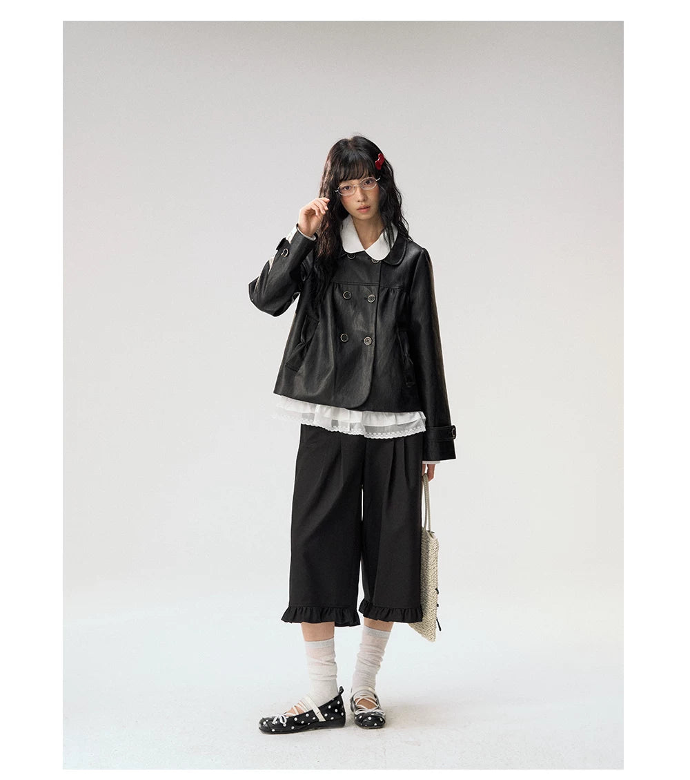 [CAN] "Midnight Sweetheart" Black Bow Pocket Doll Collar Faux Leather Jacket