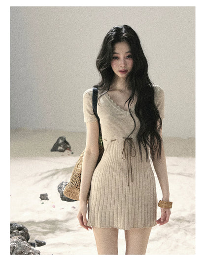 "Whispering Evening Breeze" Oatmeal Knit Lace Bodycon Mini Dress 4534854