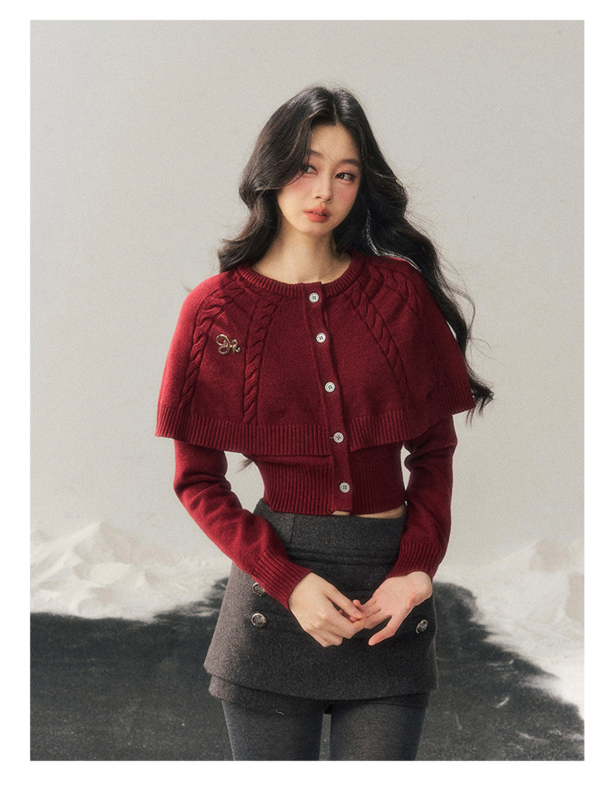 少也眼 "Miss Daisy" American Cable Knit Cape Sweater in Falu Red