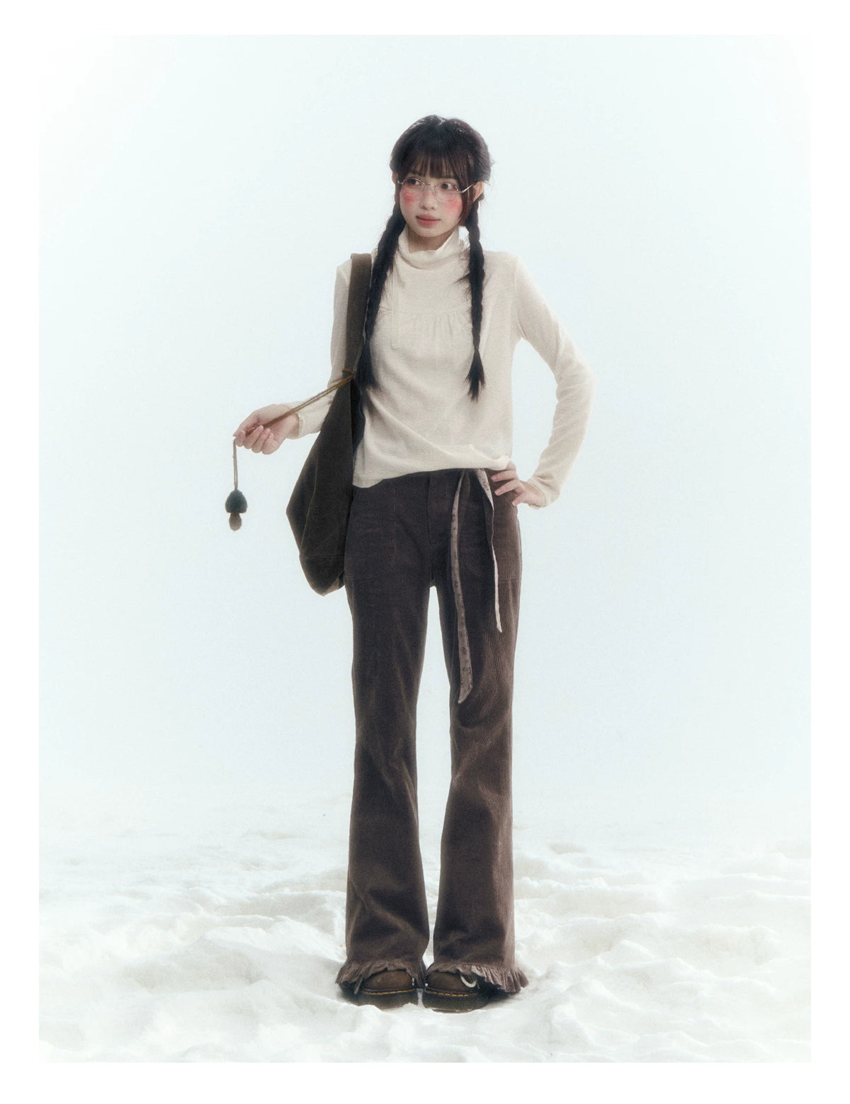 Horridale - Milk Tea Brown Floral Belt Corduroy Flare Pants