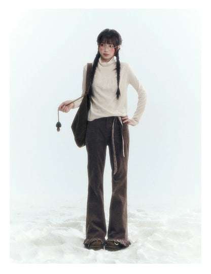 Horridale - Milk Tea Brown Floral Belt Corduroy Flare Pants