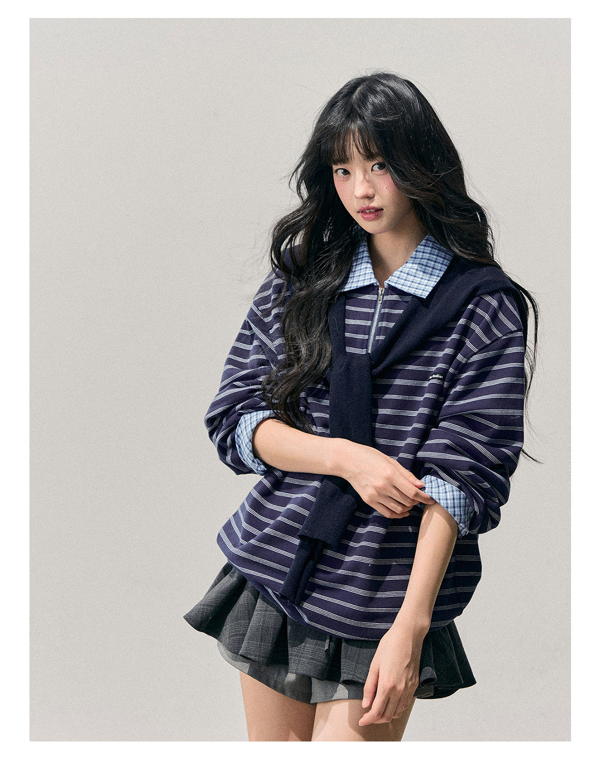 少也眼 “She Fades into Blue” Faux-Layered American Stripe Polo Top 54542