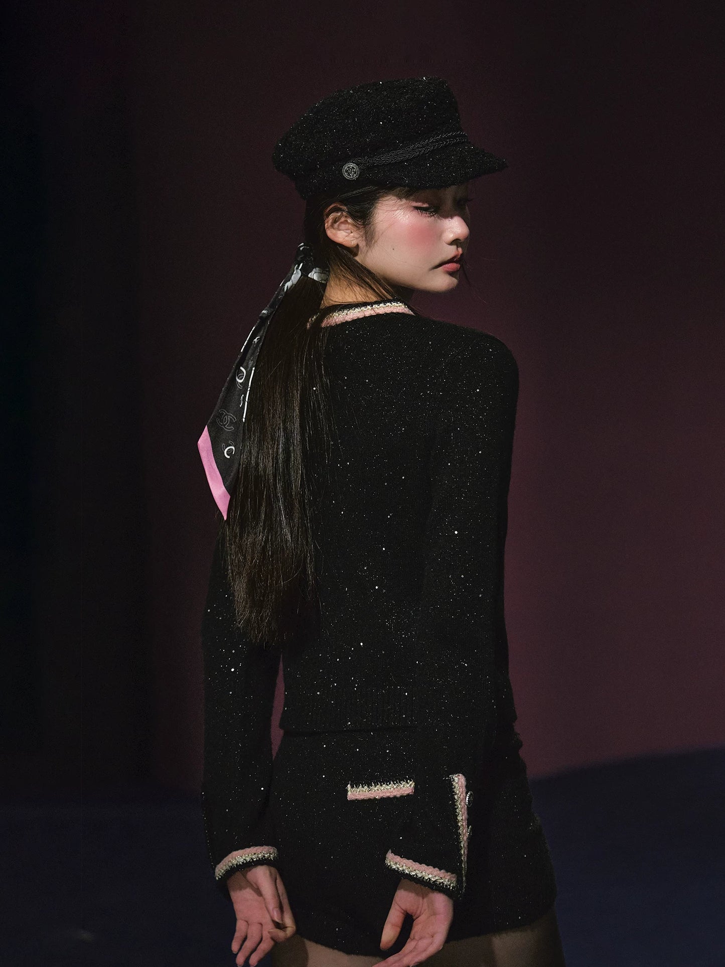 "Starlit Heiress" Black Shimmer Contrast Knit Cardigan & Shorts Set