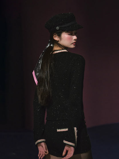 "Starlit Heiress" Black Shimmer Contrast Knit Cardigan & Shorts Set