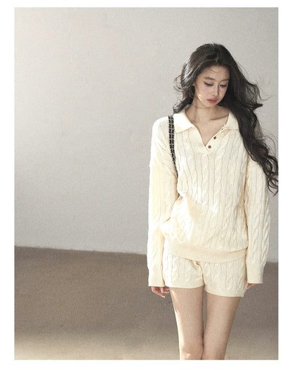 AOMALM - Dutch Cream Cable Knit Sweater & Shorts Set with Shawl