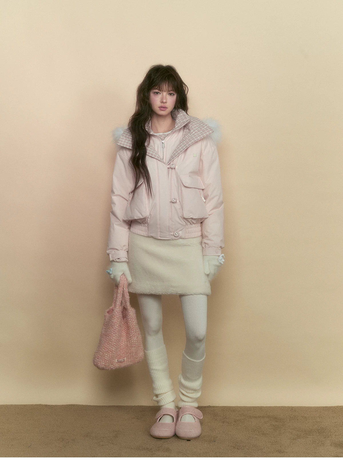SunsetPark - Blush Pink & Plaid 90% White Duck Down Puffer Jacket (Short / Long / Navy / Glacier Blue)