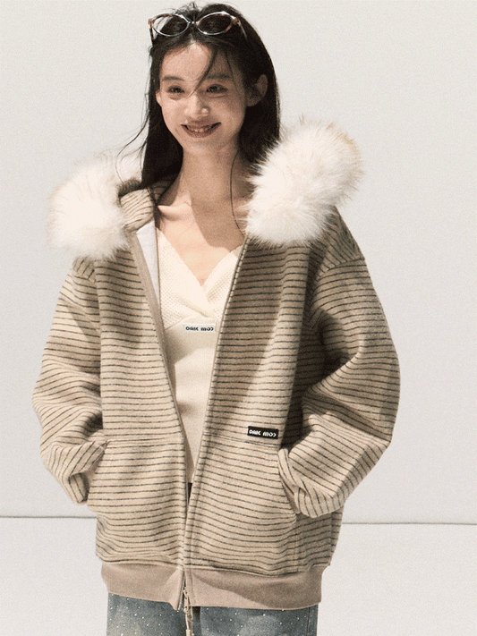 OAKMOO/ Sand Taupe Striped Hooded Jacket with Detachable Faux Fur Collar