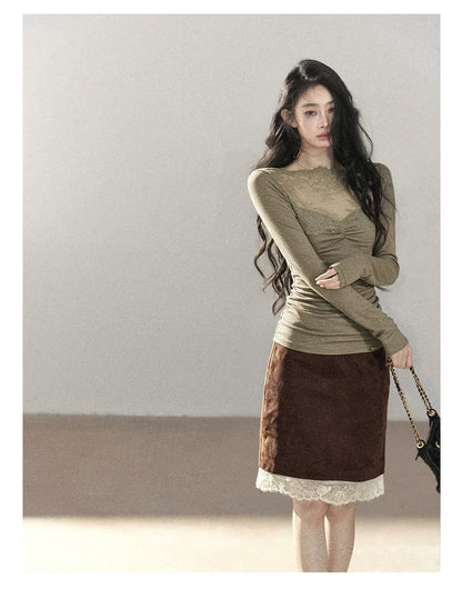 AOMALM - Milk Tea Lace-Panel Fitted Knit Long Sleeve Top