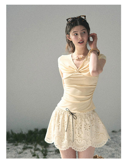 “Sheer Spring Whisper” Milkshake Yellow Twist V-Neck Top