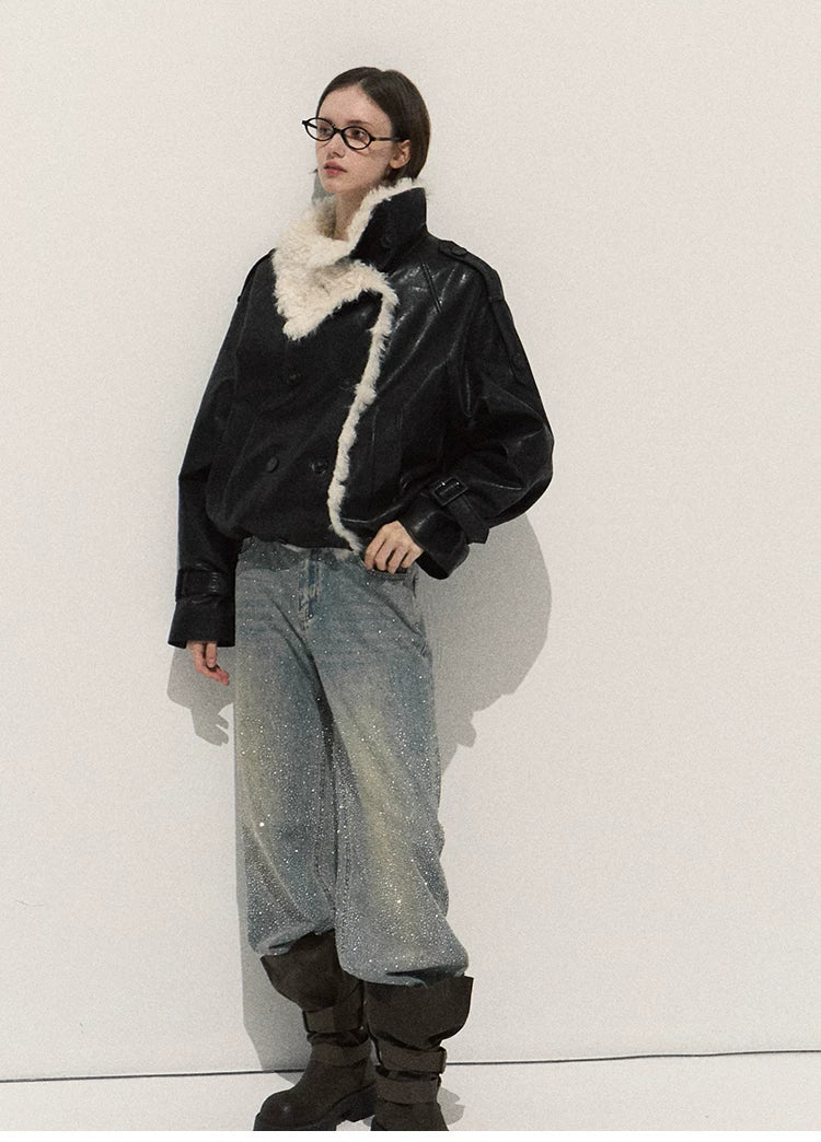OAKMOO/ Cropped Faux Leather Shearling-Collar Jacket (Rich Black / Hazelnut Khaki)