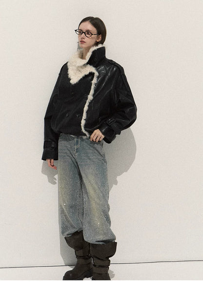 OAKMOO/ Cropped Faux Leather Shearling-Collar Jacket (Rich Black / Hazelnut Khaki)