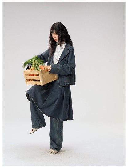 [CAN] "Wildflower Echoes" Vintage Indigo Denim Set (Jacket / Flared Pants / Midi Skirt)