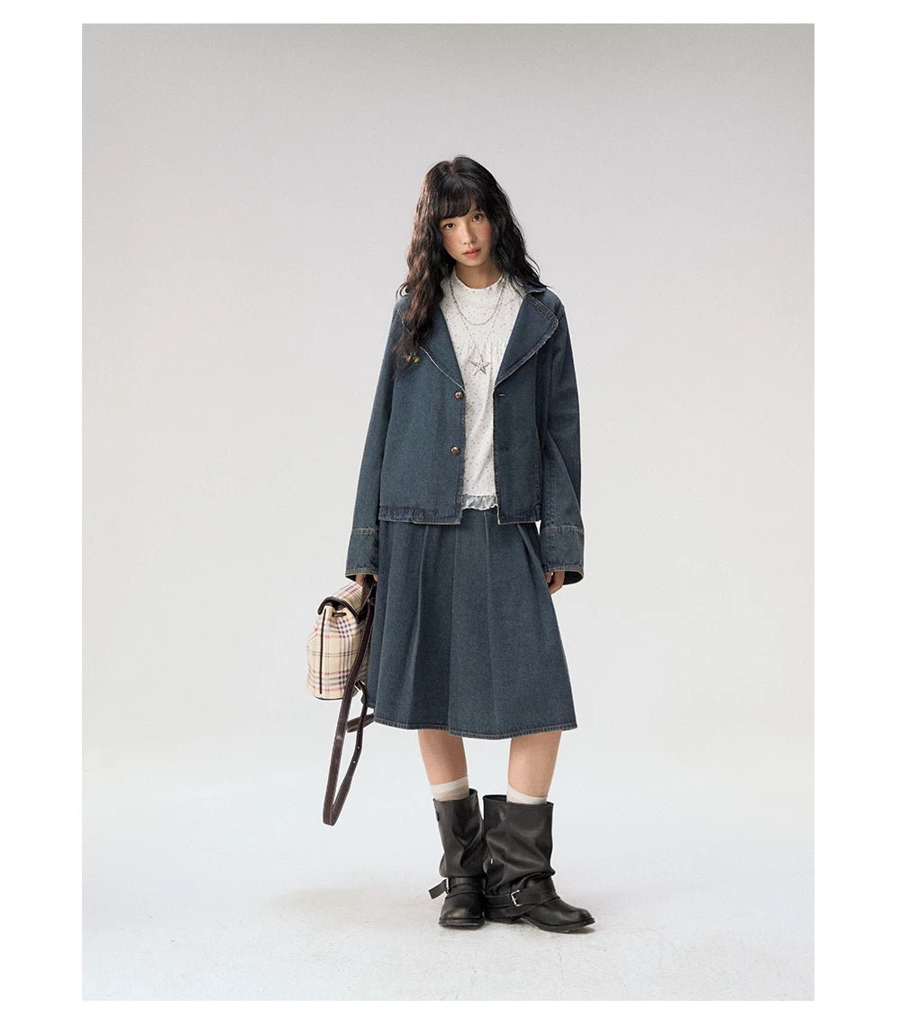 [CAN] "Wildflower Echoes" Vintage Indigo Denim Set (Jacket / Flared Pants / Midi Skirt)