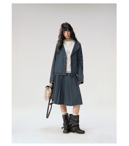 [CAN] "Wildflower Echoes" Vintage Indigo Denim Set (Jacket / Flared Pants / Midi Skirt)