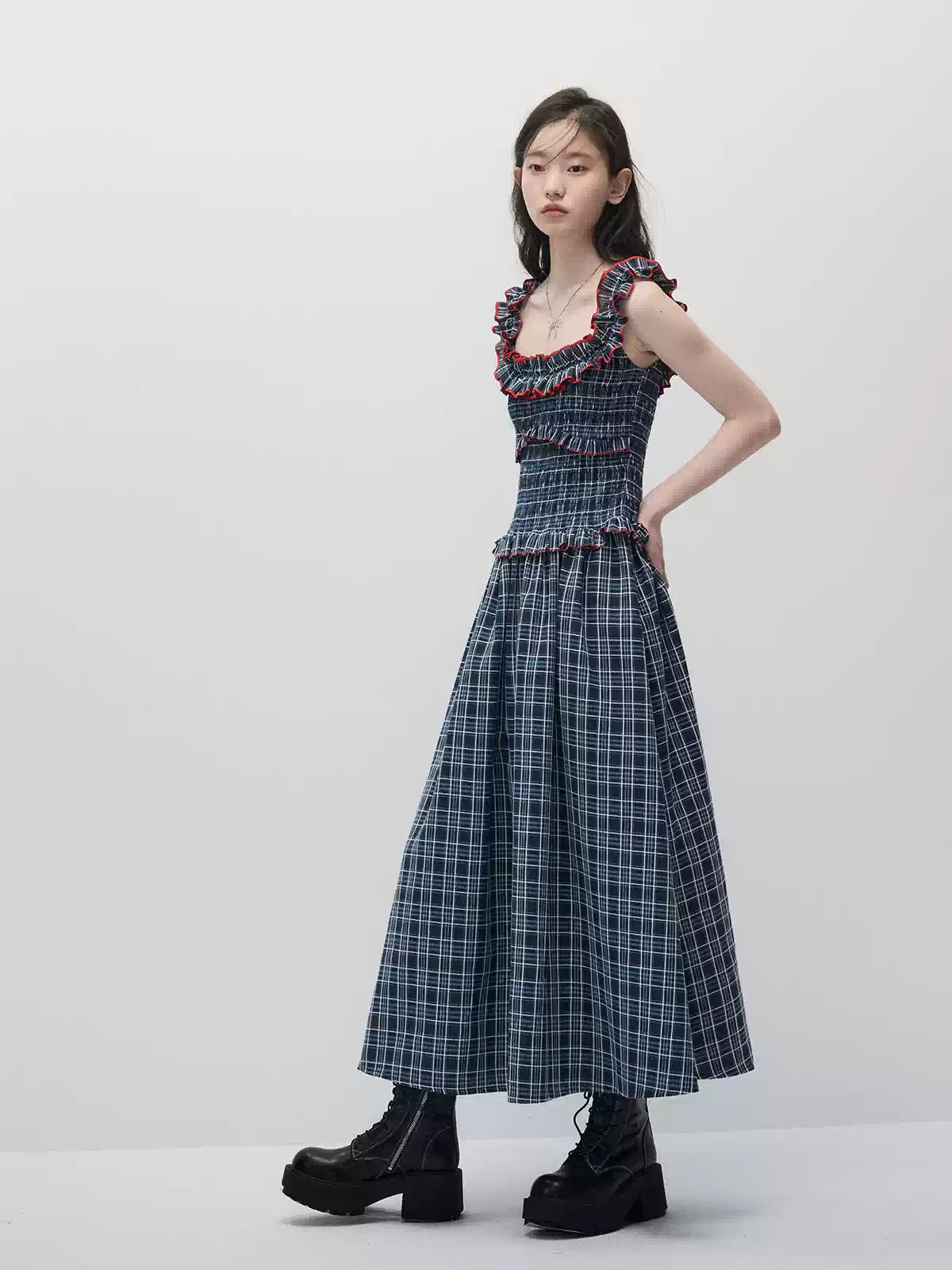 Navy Blue Plaid Off-Shoulder Maxi Dress with Red Contrast Trim