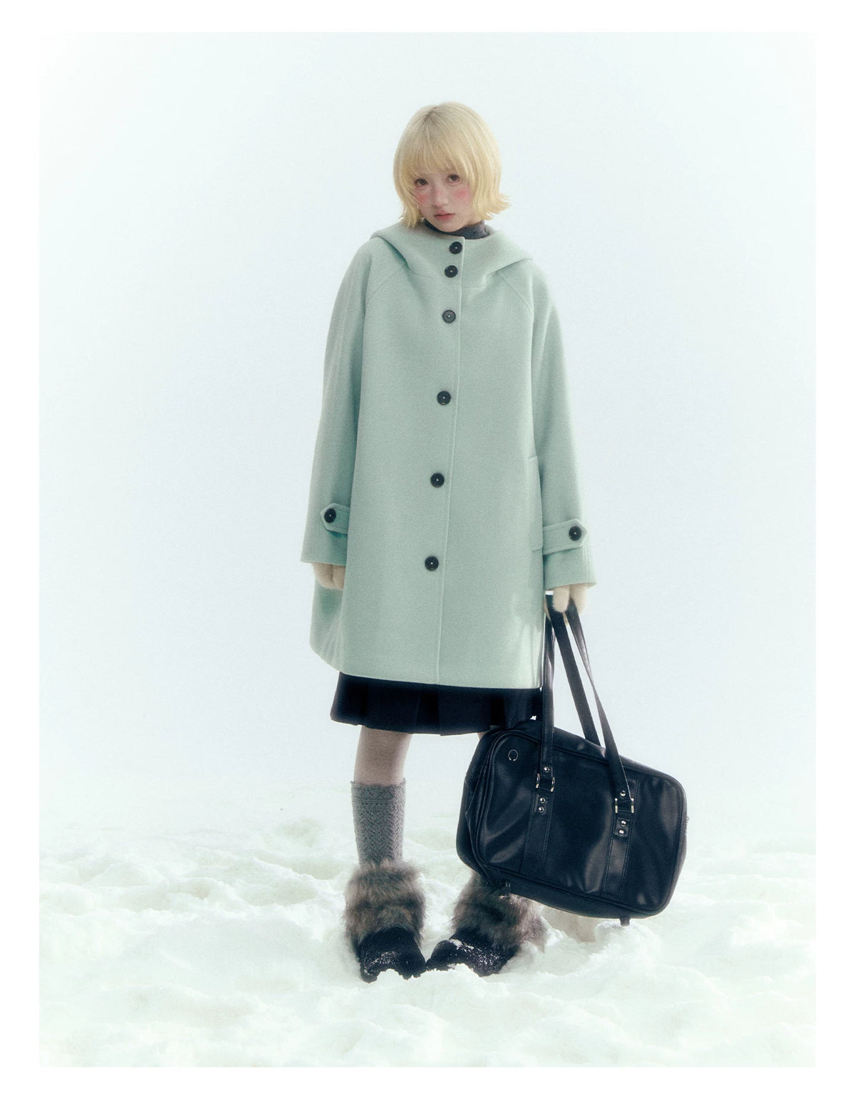 Pale Aqua Green Hooded Cocoon Wool-Blend Coat